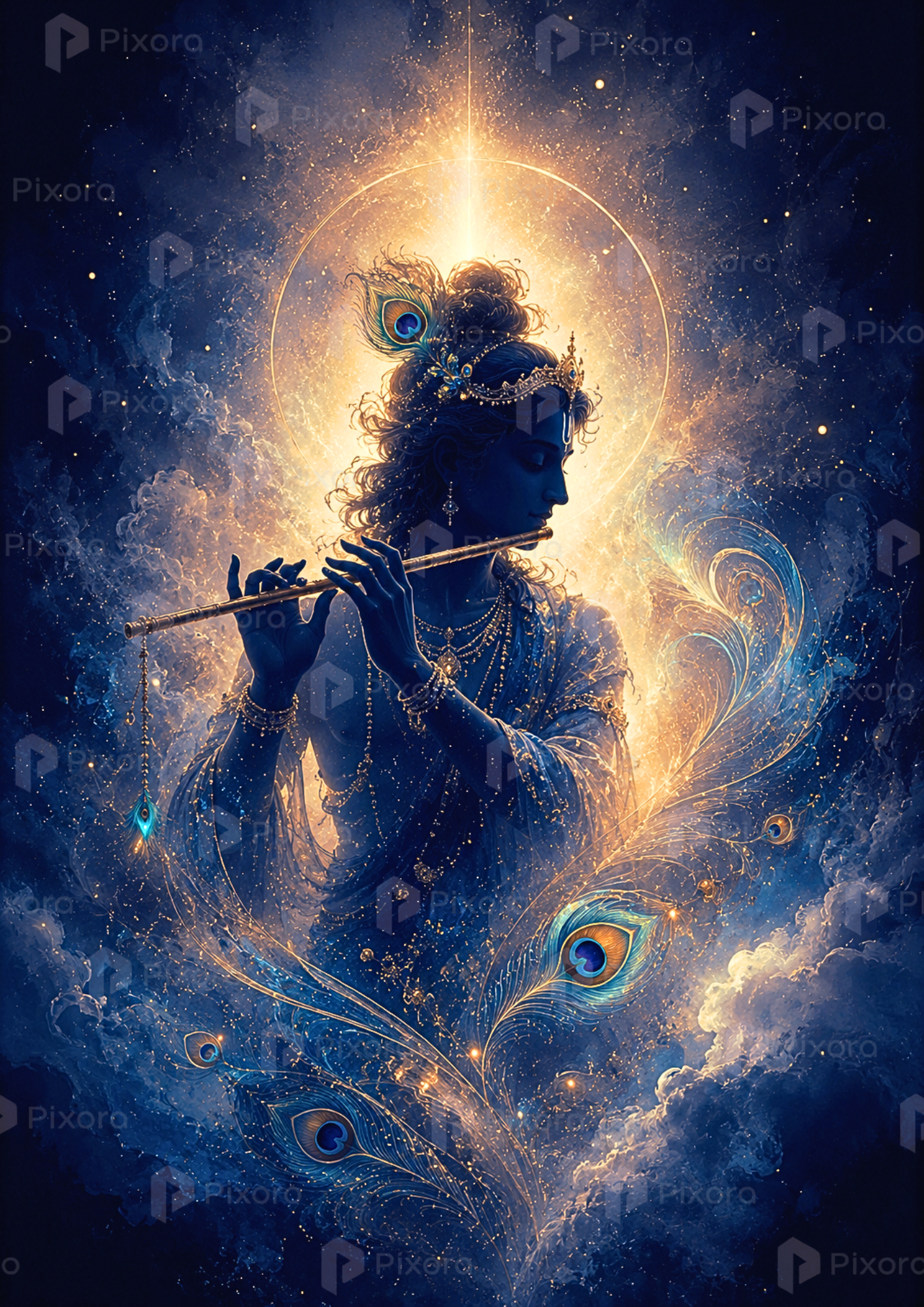 Pixora Cosmic Lord Krishna and Celestial Vrindavan Gallery - Set of 5 A4 Size Black Framed Spiritual Wall Decor