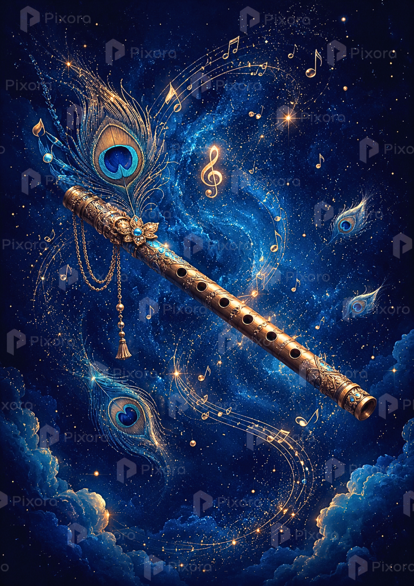Pixora Cosmic Lord Krishna and Celestial Vrindavan Gallery - Set of 5 A4 Size Black Framed Spiritual Wall Decor