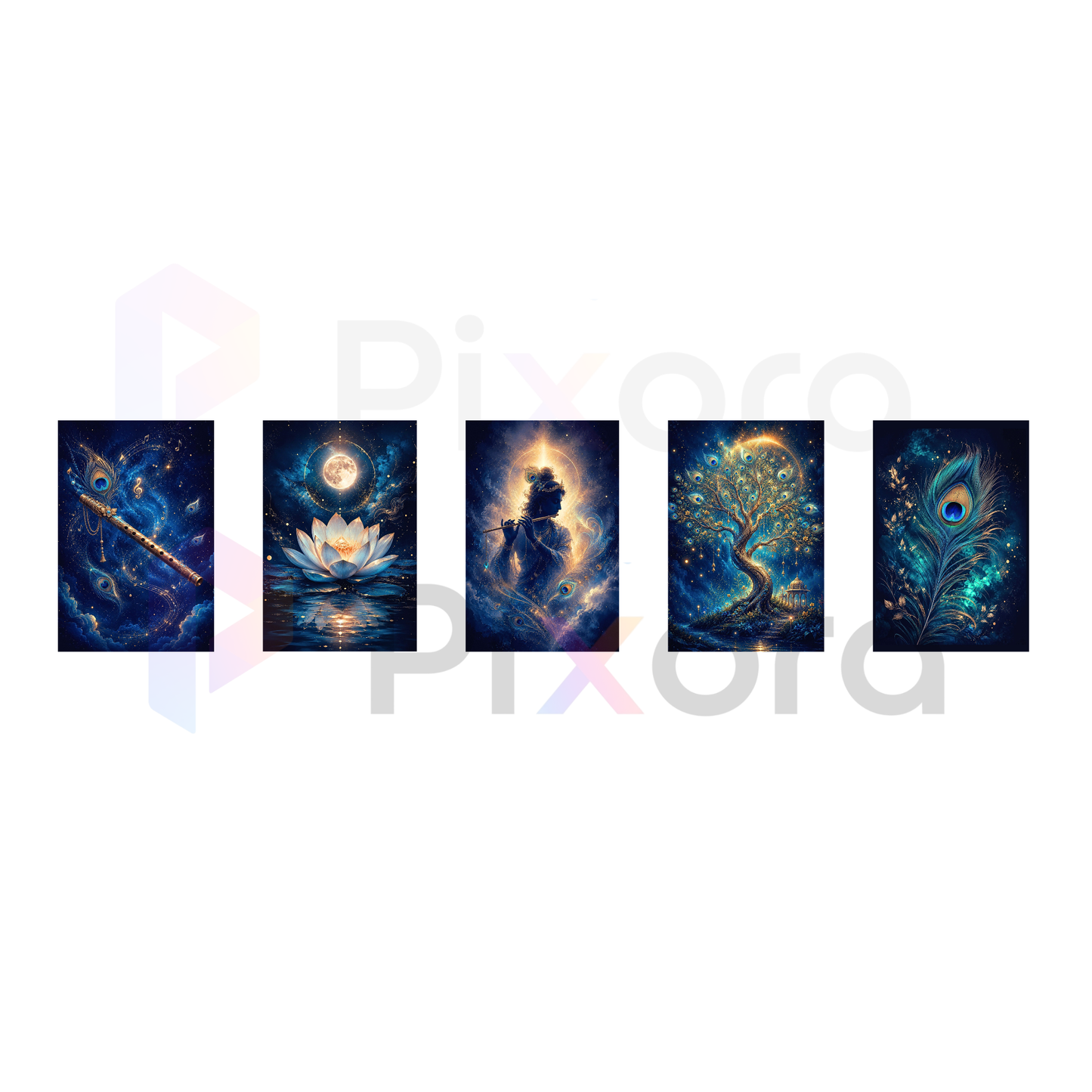 Pixora Cosmic Lord Krishna and Celestial Vrindavan Gallery - Set of 5 A4 Size Black Framed Spiritual Wall Decor