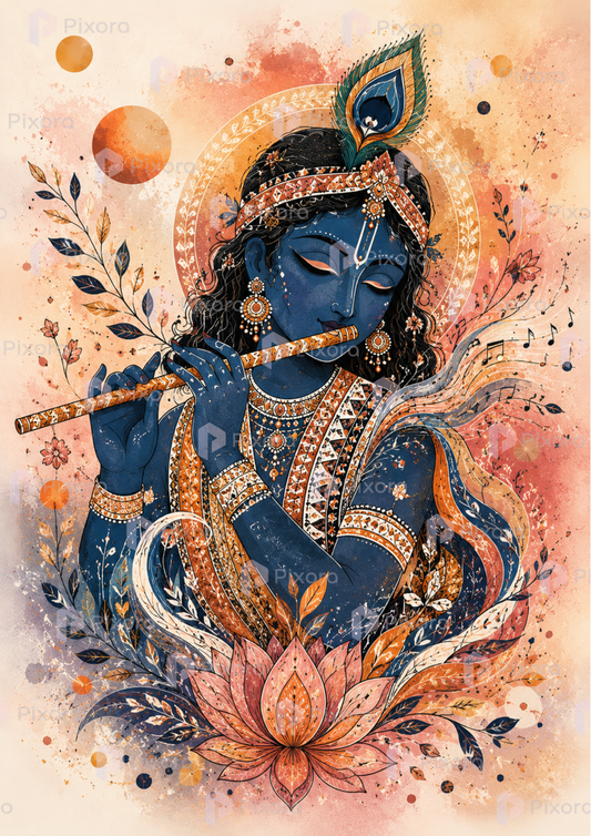 Pixora Traditional Radha Krishna and Divine Forest Gallery - Set of 5 A4 Size Black Framed Spiritual Wall Decor