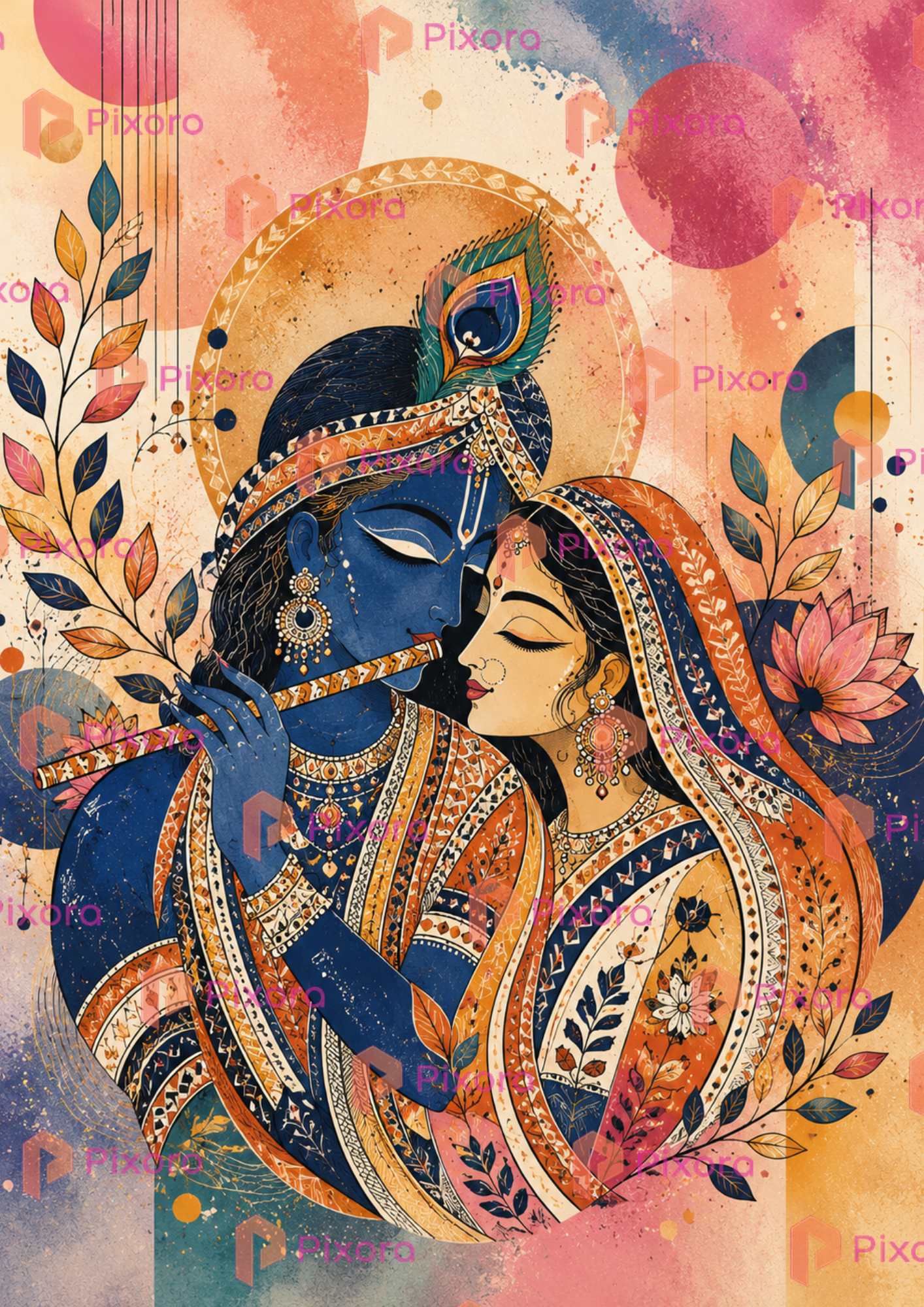 Pixora Traditional Radha Krishna and Divine Forest Gallery - Set of 5 A4 Size Black Framed Spiritual Wall Decor