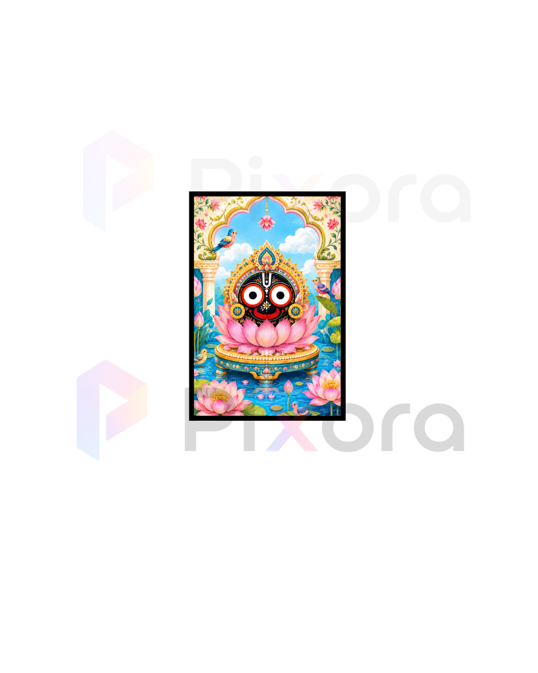 Pixora Divine Lord Jagannath on Lotus Wall Art Painting - Framed A4 Size Print (8x12 Inches)