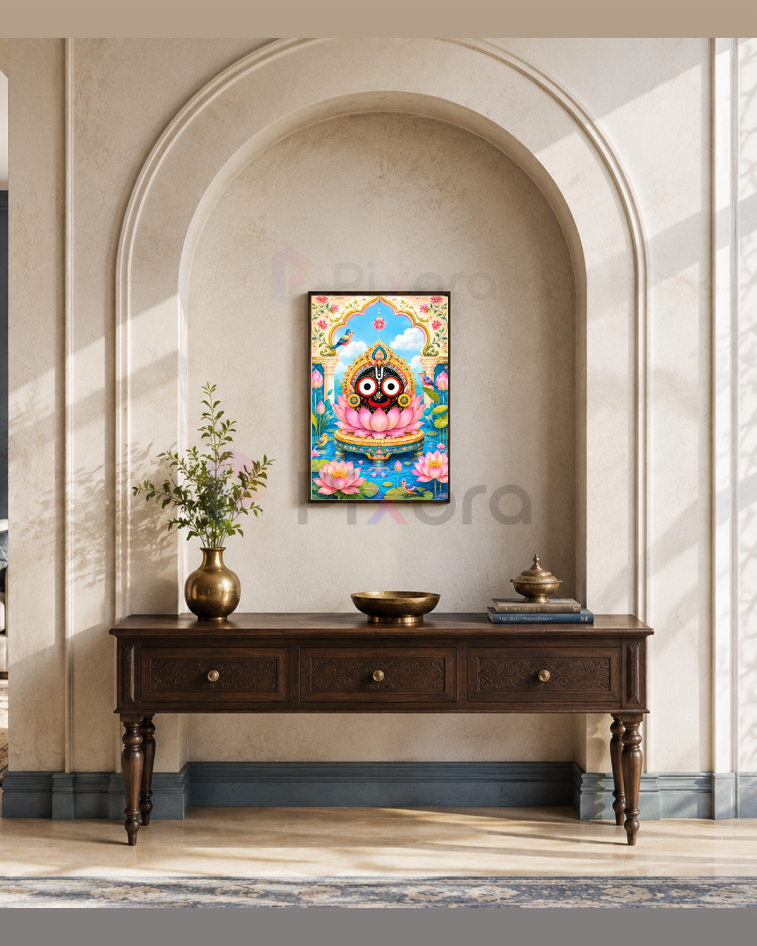 Pixora Divine Lord Jagannath on Lotus Wall Art Painting - Framed A4 Size Print (8x12 Inches)