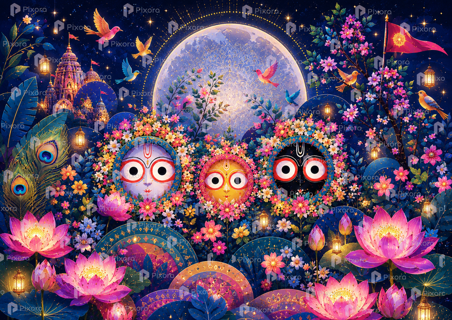 Pixora Divine Jagannath Balabhadra Subhadra Landscape Wall Art - Framed A4 Size Print (12x8 Inches)