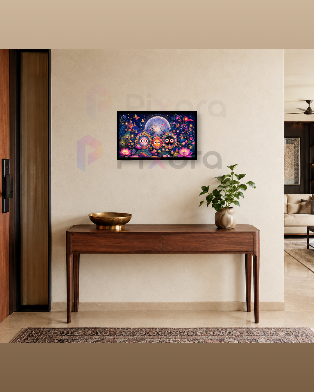 Pixora Divine Jagannath Balabhadra Subhadra Landscape Wall Art - Framed A4 Size Print (12x8 Inches)