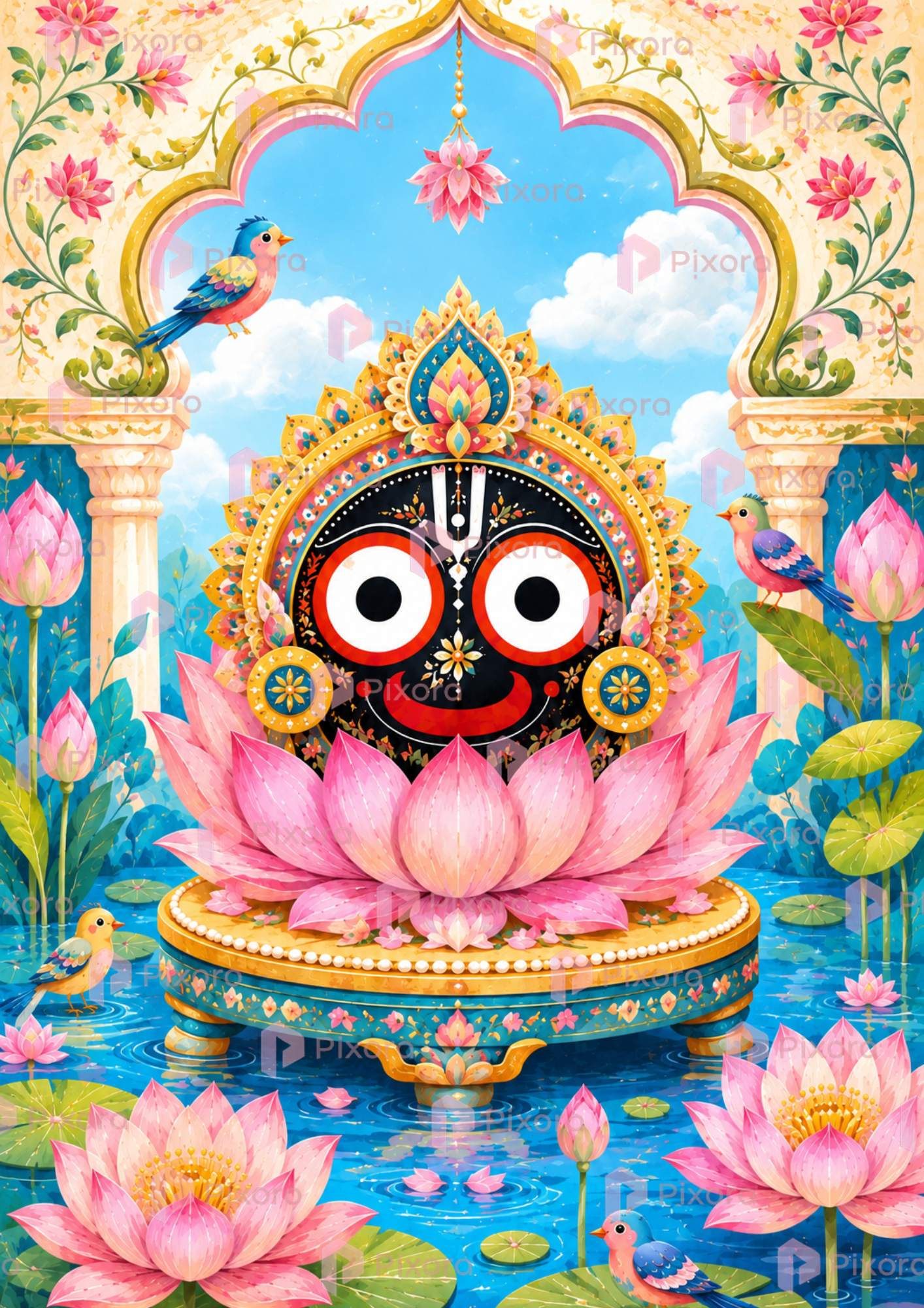 Pixora Divine Lord Jagannath on Lotus Wall Art Painting - Framed A4 Size Print (8x12 Inches)