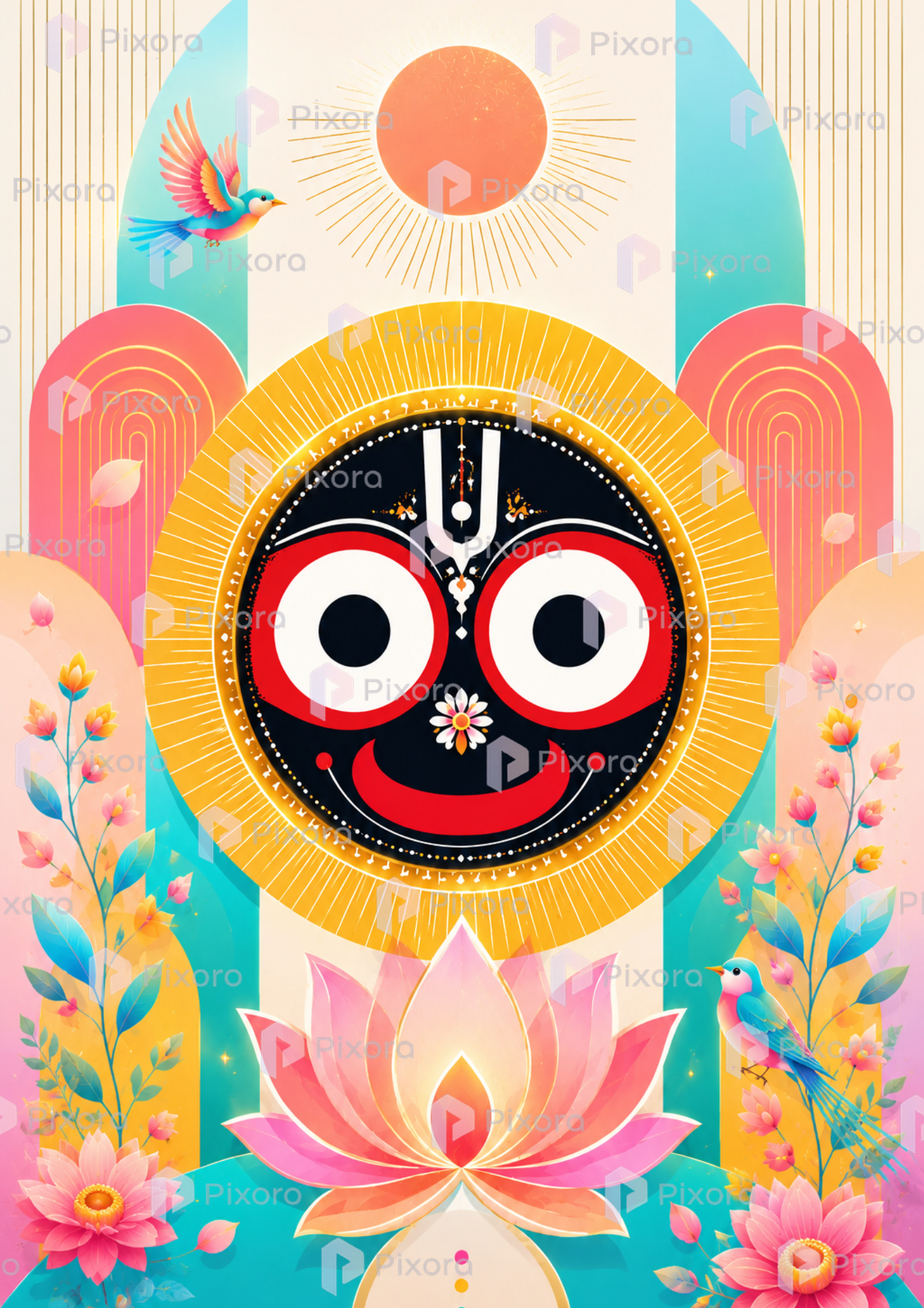 Pixora Modern Boho Jagannath Triad Wall Art Triptych - Set of 3 Framed A4 Prints (8x12 Inches Each)