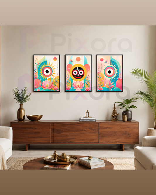 Pixora Modern Boho Jagannath Triad Wall Art Triptych - Set of 3 Framed A4 Prints (8x12 Inches Each)
