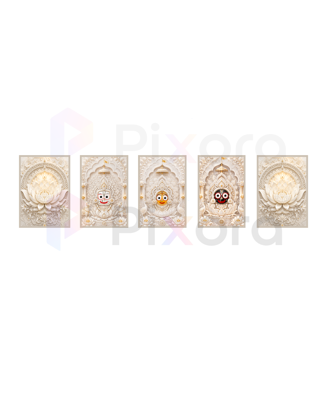 Pixora Luxury 3D-Carved Style Jagannath Triad Wall Art Set - 5-Piece Framed A4 Prints (8x12 Inches Each)