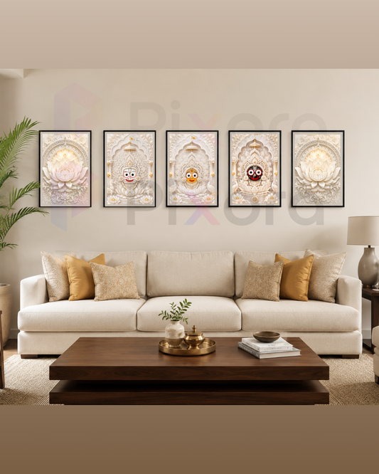 Pixora Luxury 3D-Carved Style Jagannath Triad Wall Art Set - 5-Piece Framed A4 Prints (8x12 Inches Each)