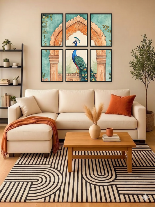 Pixora Royal Peacock Archway: 6-Piece Framed Watercolor Wall Art Set