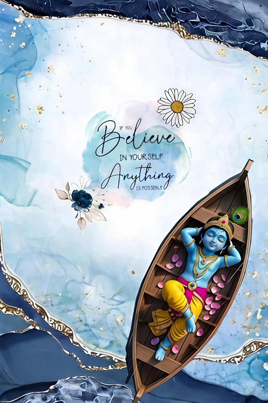 Pixora Bal Krishna in Boat Motivational Quote Art - A4 Size Black Framed Spiritual Wall Decor