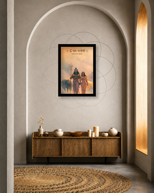 Pixora Divine Shiva Parvati and Nandi Mantra Art - A4 Size Black Framed Spiritual Wall Decor