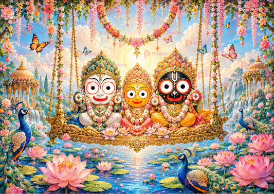 Lord Jagannath Jhulan Yatra Landscape Wall Art - Golden Framed A4 Size Print (12x8 Inches)