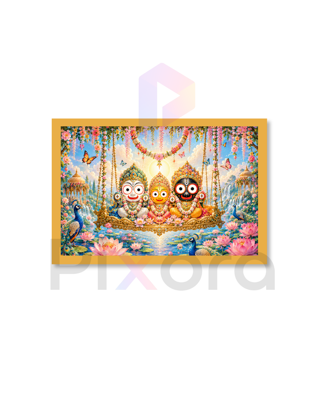 Lord Jagannath Jhulan Yatra Landscape Wall Art - Golden Framed A4 Size Print (12x8 Inches)