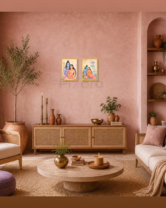 Pixora Shiv Parvati Devotional Wall Art with Hindi Quote - Set of 2 Golden Framed A4 Prints (8x12 Inches Each)