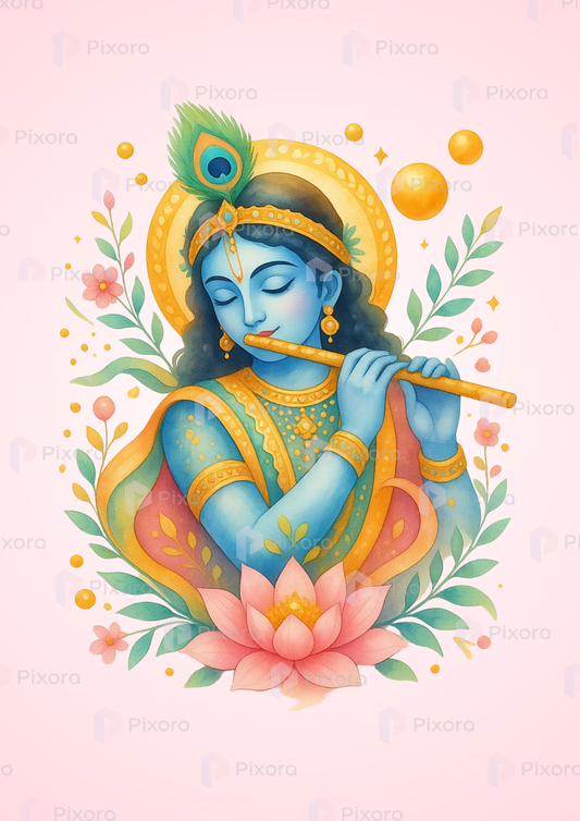 Pixora Radha Krishna Pastel Devotional Wall Art - Set of 2 Golden Framed A4 Prints (8x12 Inches Each)
