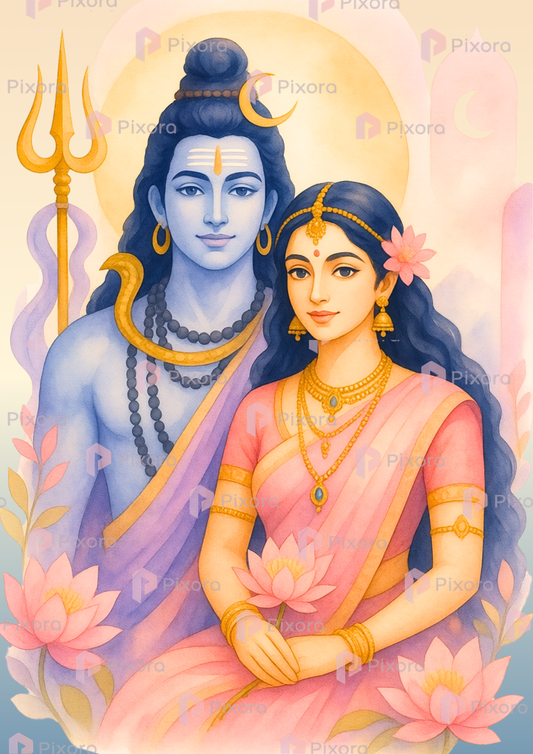 Pixora Shiv Parvati Devotional Wall Art with Hindi Quote - Set of 2 Golden Framed A4 Prints (8x12 Inches Each)