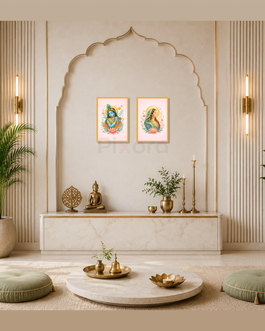 Pixora Radha Krishna Pastel Devotional Wall Art - Set of 2 Golden Framed A4 Prints (8x12 Inches Each)