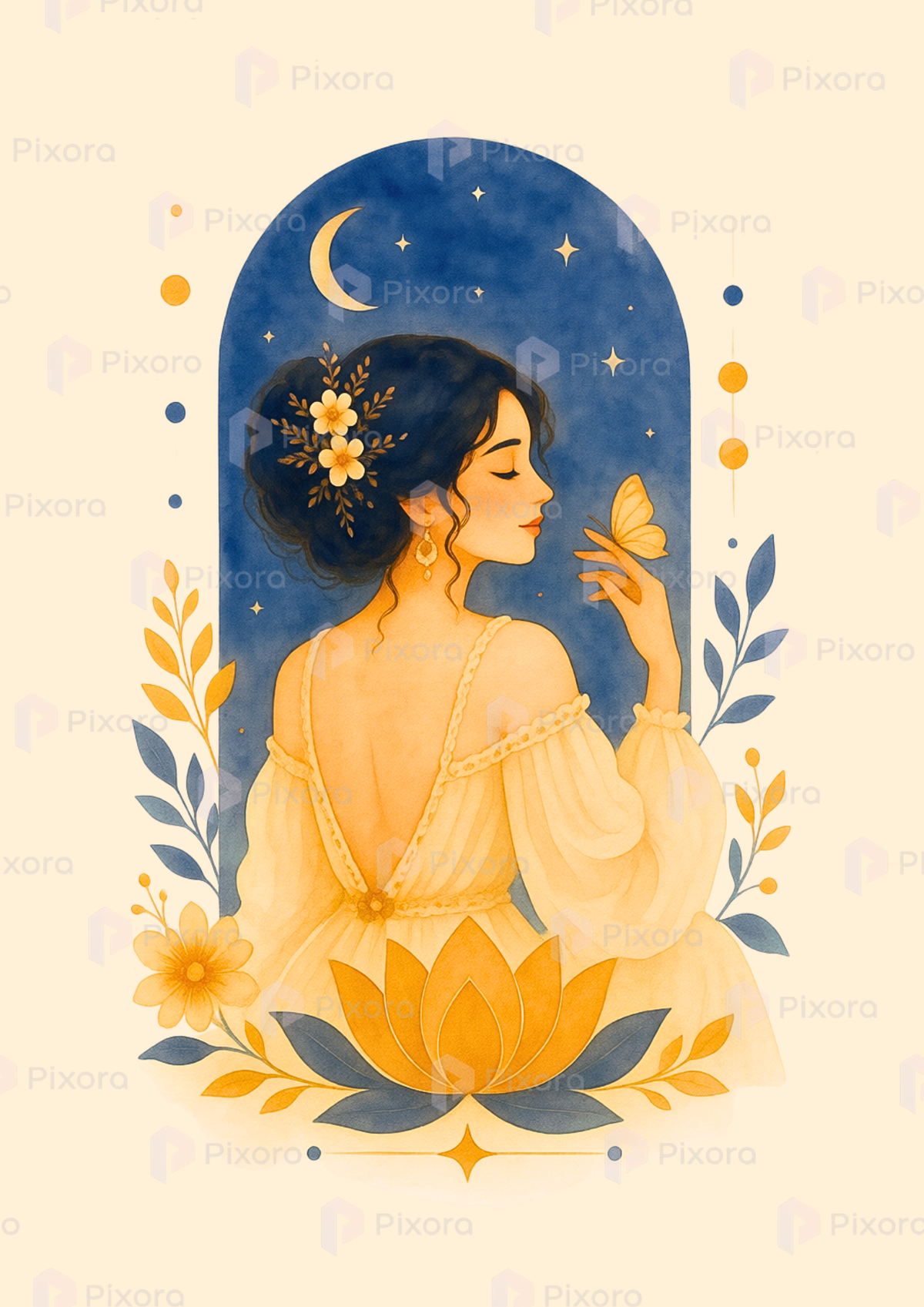 Pixora Aesthetic Celestial Woman & Butterfly Wall Art - Set of 3 Framed A4 Prints (8x12 Inches Each)