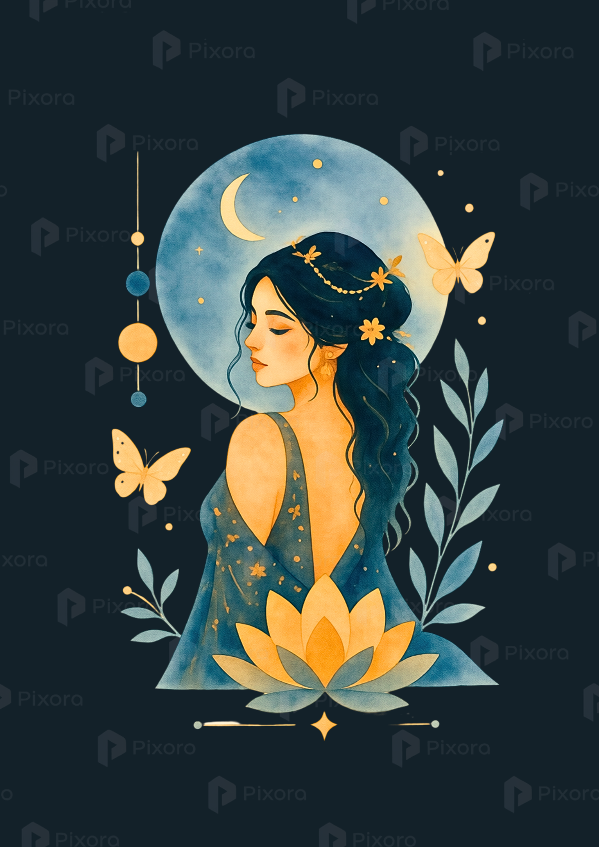 Pixora Aesthetic Celestial Woman & Butterfly Wall Art - Set of 3 Framed A4 Prints (8x12 Inches Each)