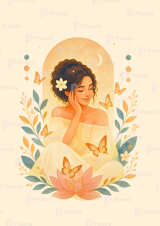 Pixora Aesthetic Celestial Woman & Butterfly Wall Art - Set of 3 Framed A4 Prints (8x12 Inches Each)