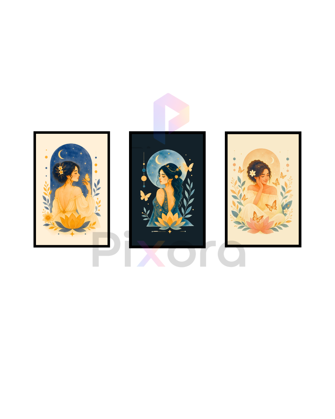 Pixora Aesthetic Celestial Woman & Butterfly Wall Art - Set of 3 Framed A4 Prints (8x12 Inches Each)
