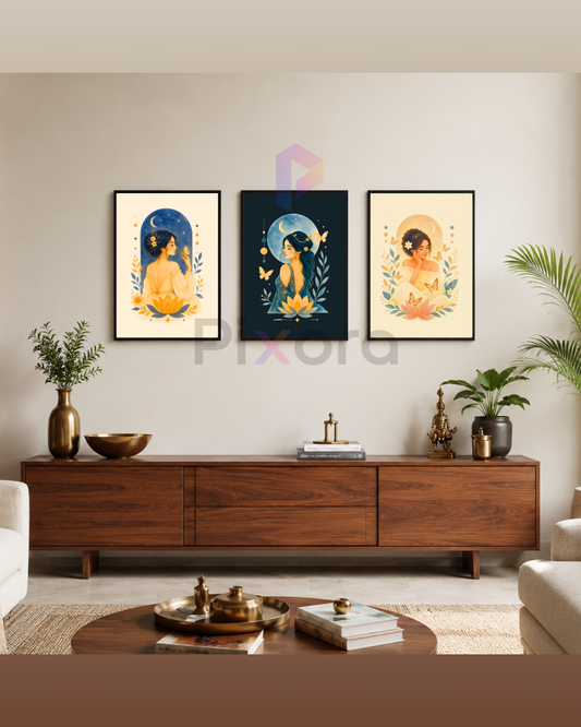 Pixora Aesthetic Celestial Woman & Butterfly Wall Art - Set of 3 Framed A4 Prints (8x12 Inches Each)