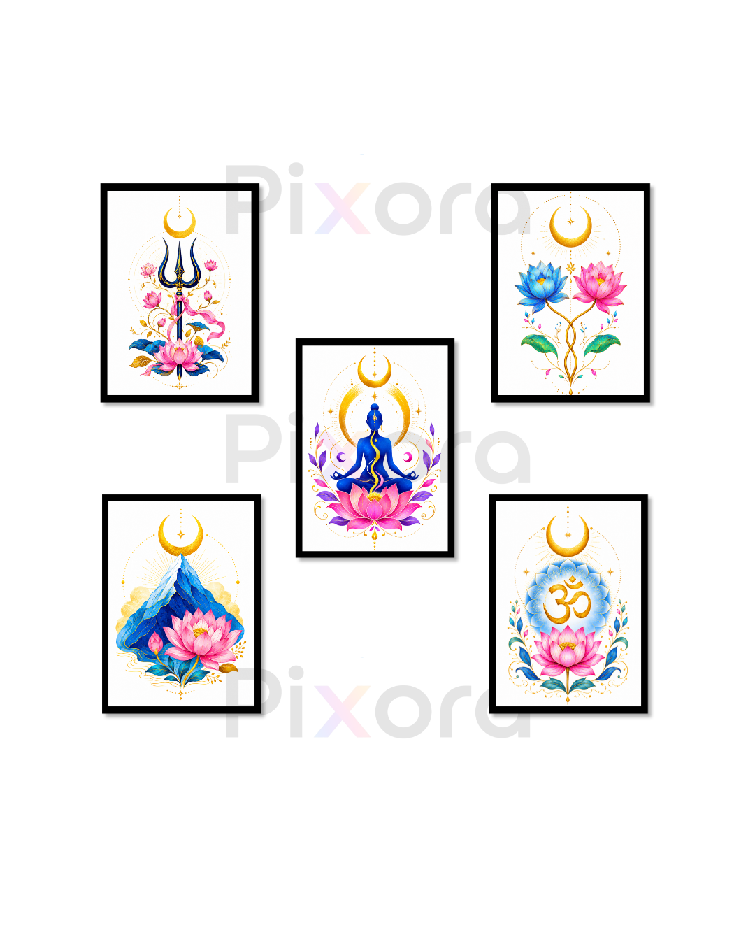 Pixora Spiritual Yoga & Shiva Elements Wall Art - Set of 5 Framed A4 Prints (8x12 Inches Each)