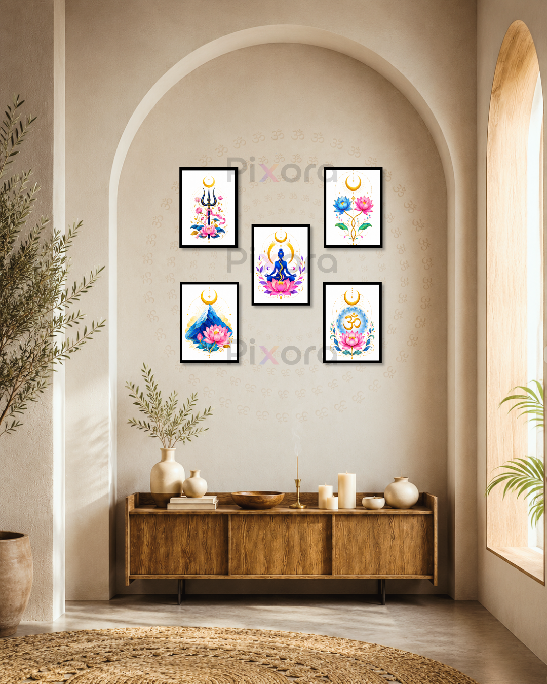 Pixora Spiritual Yoga & Shiva Elements Wall Art - Set of 5 Framed A4 Prints (8x12 Inches Each)