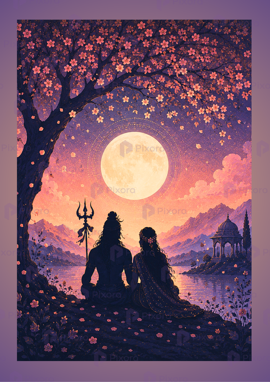 Pixora Shiva Parvati Moonlit Journey Wall Art - Set of 3 Framed A3 Prints (12x18 Inches Each)