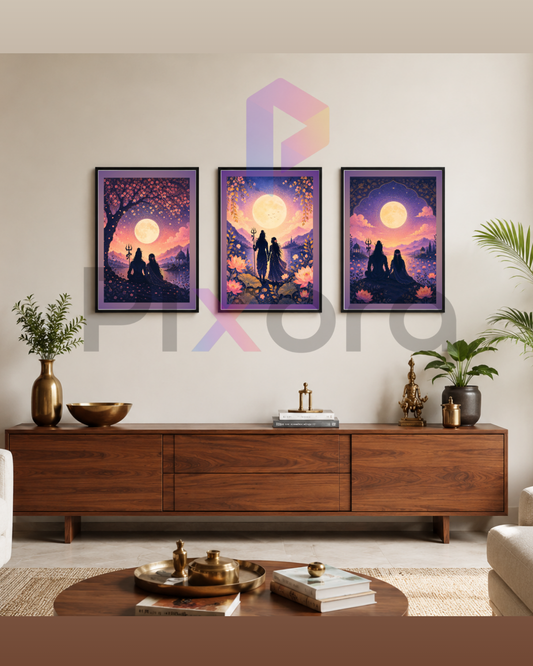 Pixora Shiva Parvati Moonlit Journey Wall Art - Set of 3 Framed A3 Prints (12x18 Inches Each)