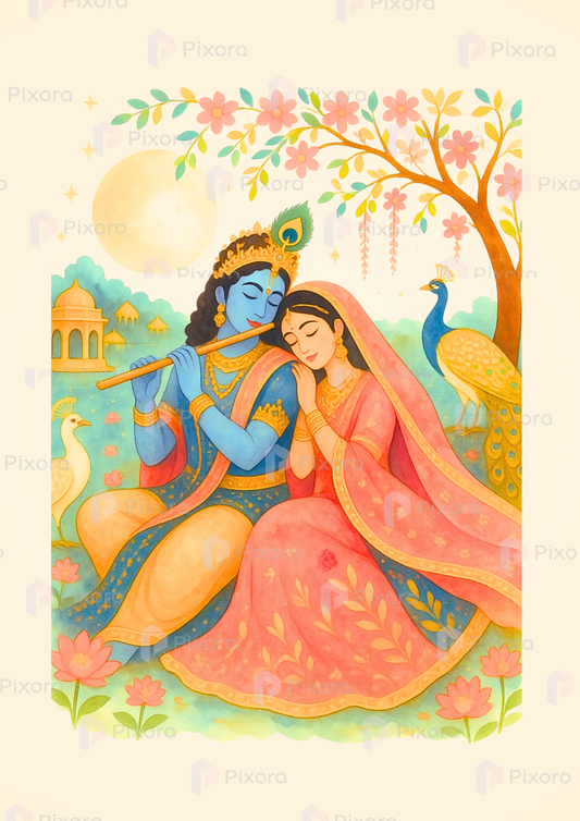 Pixora Radha Krishna Eternal Love Gallery Wall Art - Set of 5 Framed A3 Prints (12x18 Inches Each)