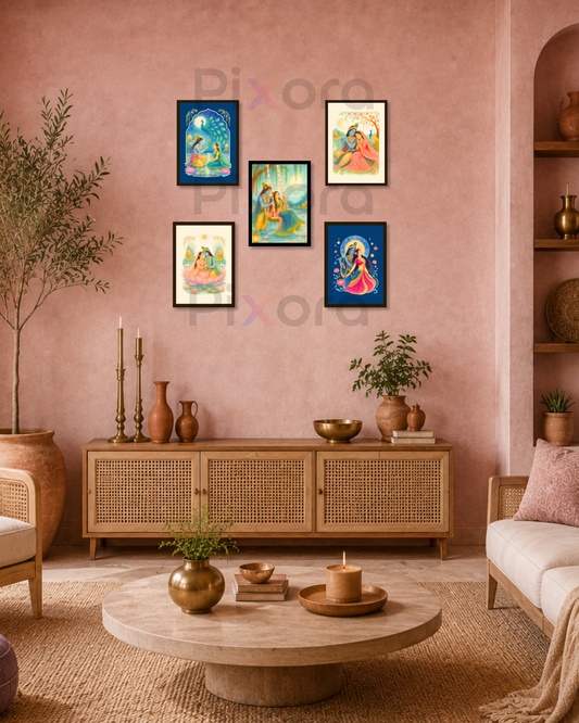 Pixora Radha Krishna Eternal Love Gallery Wall Art - Set of 5 Framed A3 Prints (12x18 Inches Each)