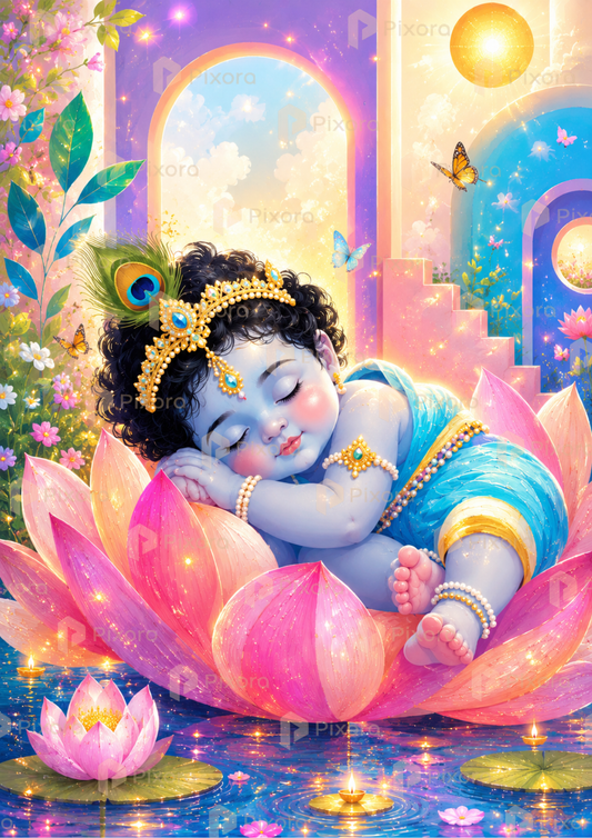 Pixora Little Bal Krishna Sleeping on Lotus Wall Art - Framed A3 Size Print (12x18 Inches)