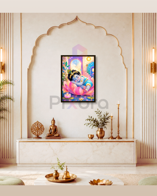 Pixora Little Bal Krishna Sleeping on Lotus Wall Art - Framed A3 Size Print (12x18 Inches)