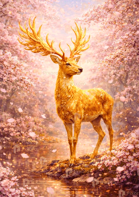 Pixora Majestic Golden Stag Landscape Wall Art - Set of 3 Framed A3 Prints (12x18 Inches Each)