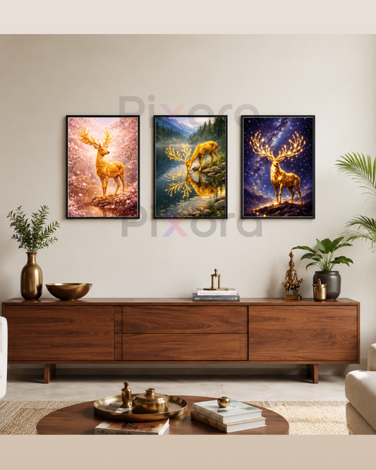 Pixora Majestic Golden Stag Landscape Wall Art - Set of 3 Framed A3 Prints (12x18 Inches Each)