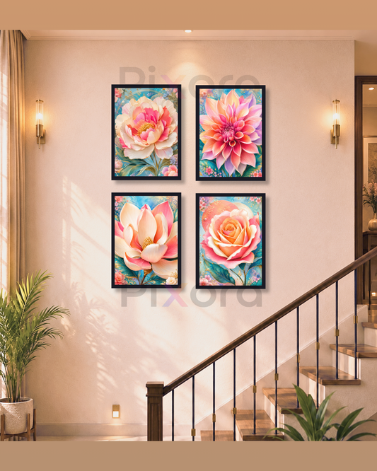 Pixora Blooming Pastel Florals Wall Art - Set of 4 Framed A3 Prints (12x18 Inches Each)