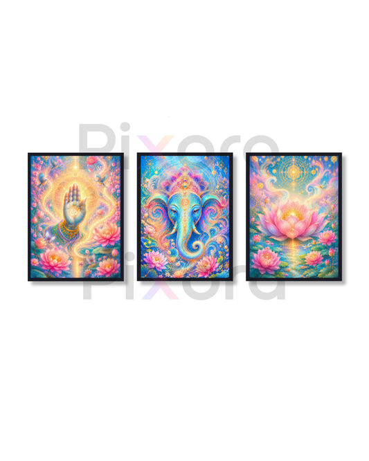 Pixora Ethereal Cosmic Ganesha & Lotus Wall Art - Set of 3 Framed A4 Prints (8x12 Inches Each)