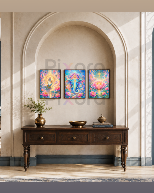 Pixora Ethereal Cosmic Ganesha & Lotus Wall Art - Set of 3 Framed A4 Prints (8x12 Inches Each)