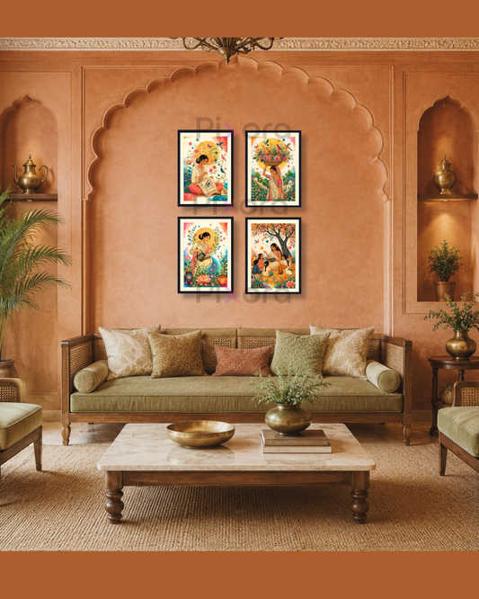 Pixora Traditional Indian Women & Rural Life Wall Art - Set of 4 Framed Prints (8x12 and 12x18 Inches Each)