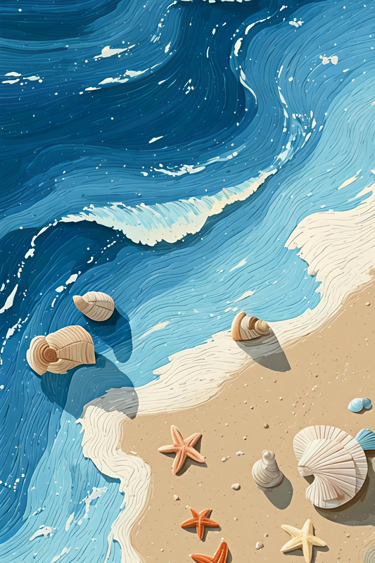 Pixora Textured Ocean Wave and Seashell Art - A4 Size Black Framed Coastal Wall Decor
