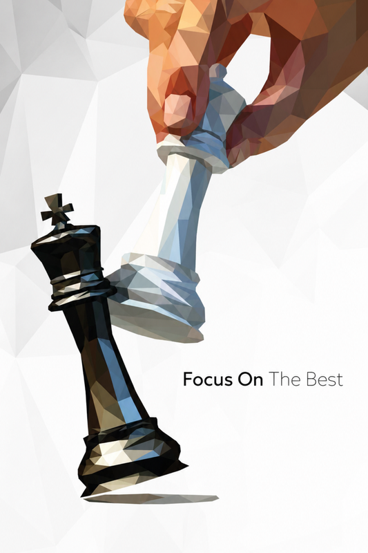 Illustration of a king and queen chess piece with 'Focus On The Best' text on a geometric background