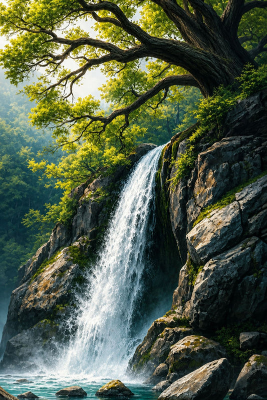 Pixora A4 Size Black Framed Wall Decor Hanging – Serene Waterfall Nature Landscape Wall Art