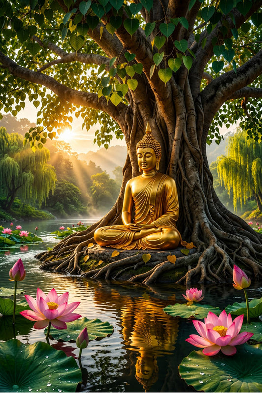 Pixora Serene Golden Buddha Meditating in Lotus Pond Art Print