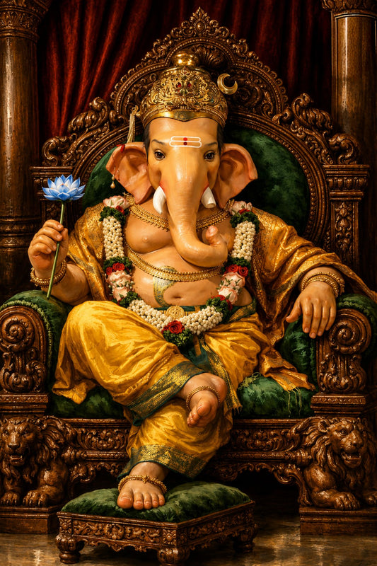 Pixora Divine Lord Ganesha on Throne Art - A4 Size Black Framed Spiritual Wall Decor
