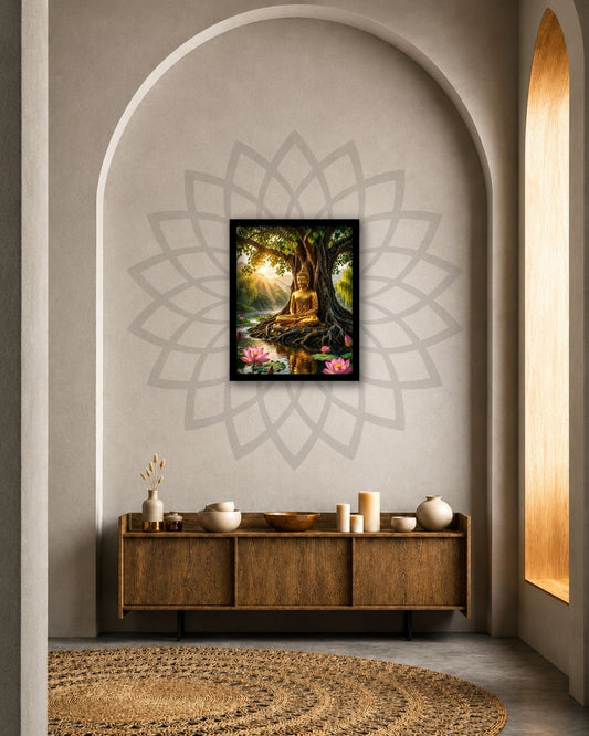Pixora Serene Golden Buddha Meditating in Lotus Pond Art Print