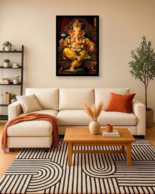 Pixora Divine Lord Ganesha on Throne Art - A4 Size Black Framed Spiritual Wall Decor