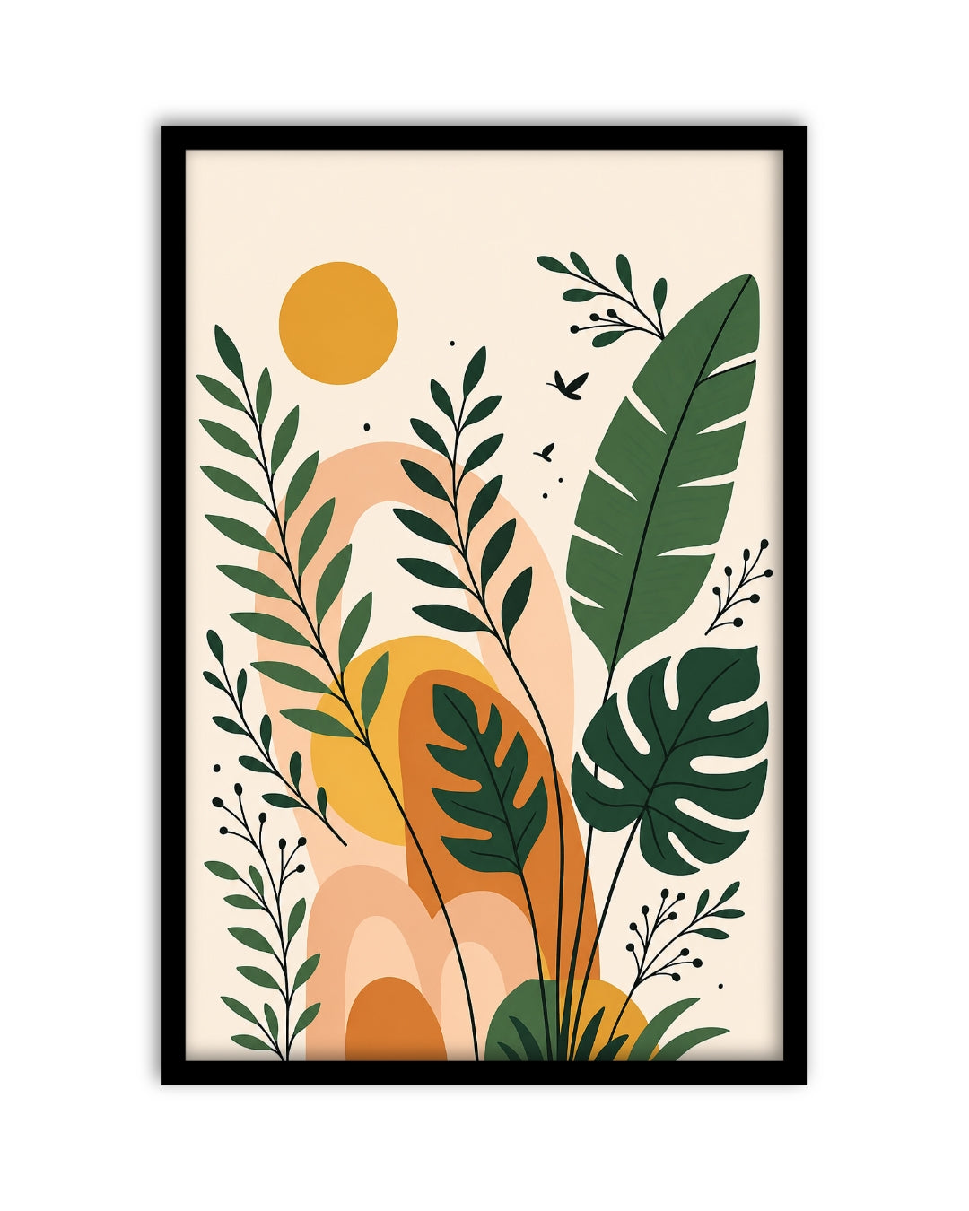 Pixora Modern Boho Botanical Wall Decor Hanging - A4 Size, Black Framed Art Print